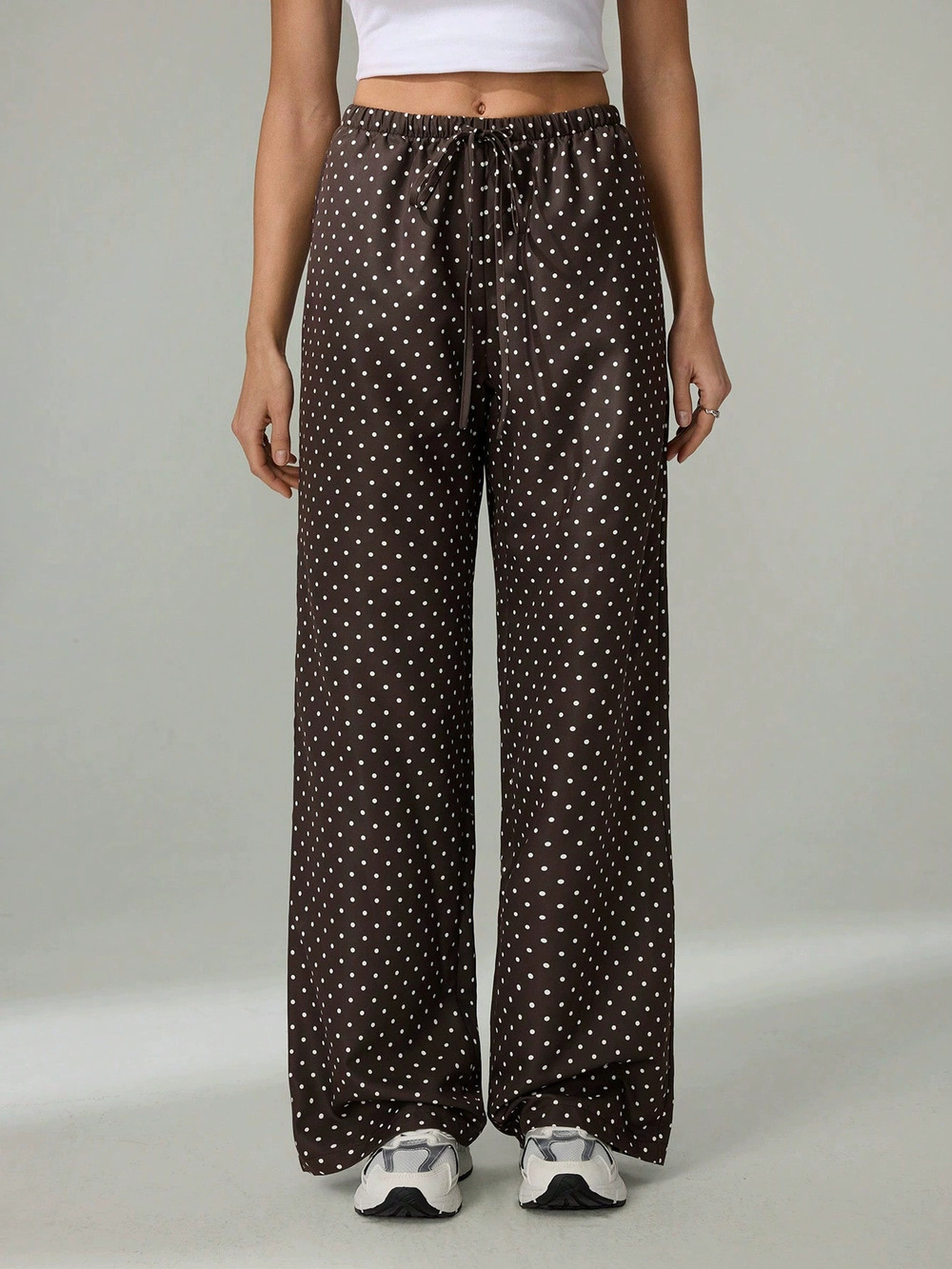ZARA Women Polka Dot High Waist Drawstring Wide Straight Leg Drapey Casual Pants